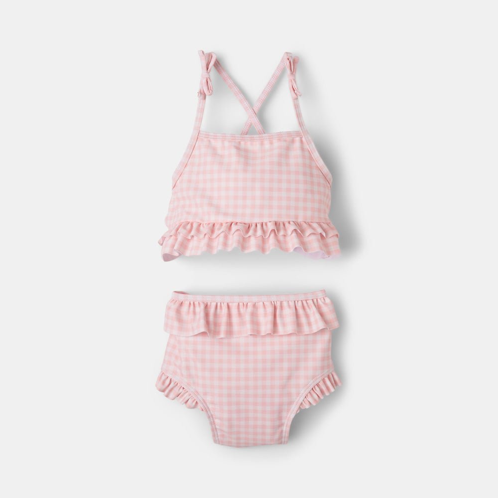 rise little earthling Ruffle Bow 2-pc Bathing Suit - Peach Gingham / 6-12m